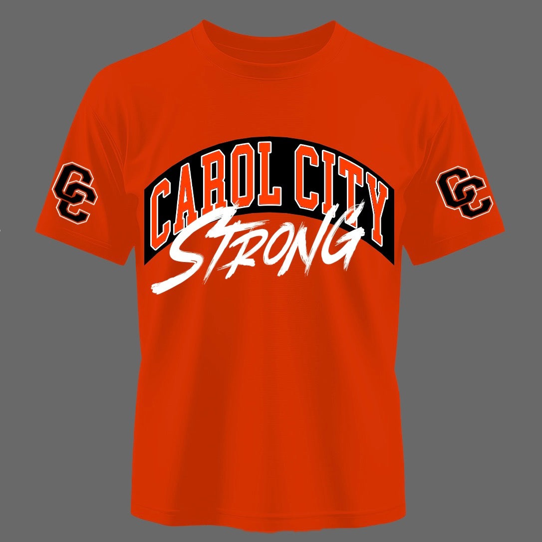Carol City Strong Tee - Orange with black and white collegiate graphics