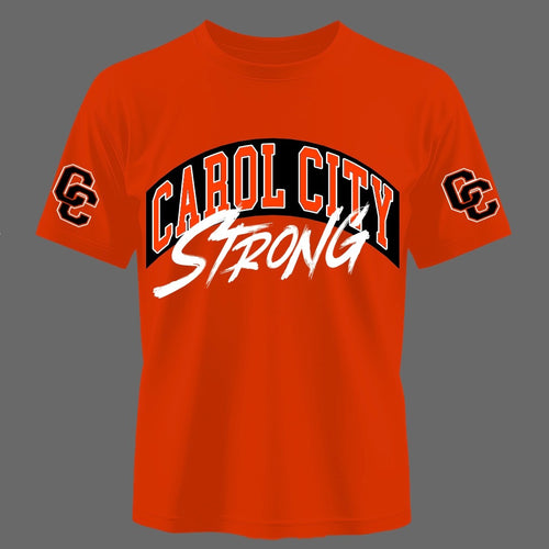 Carol City Strong Tee - Orange with black and white collegiate graphics